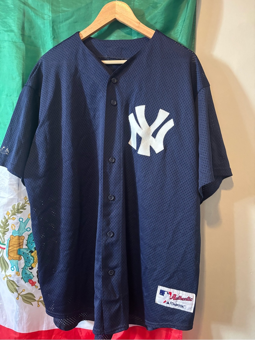 Majestic Navy and White NY Logo Mesh Button-Up Jersey